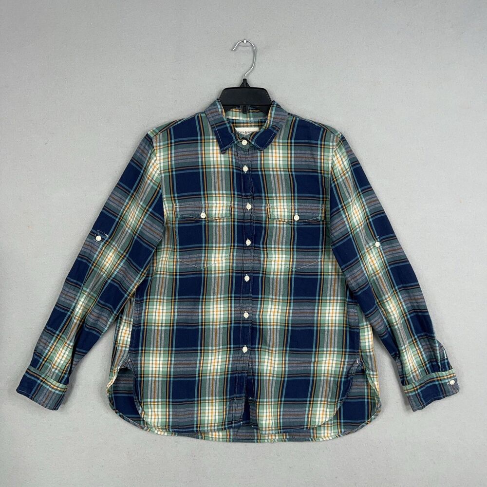 Ralph Lauren Denim Supply Shirt Womens Medium Blue Green Plaid Flannel Western